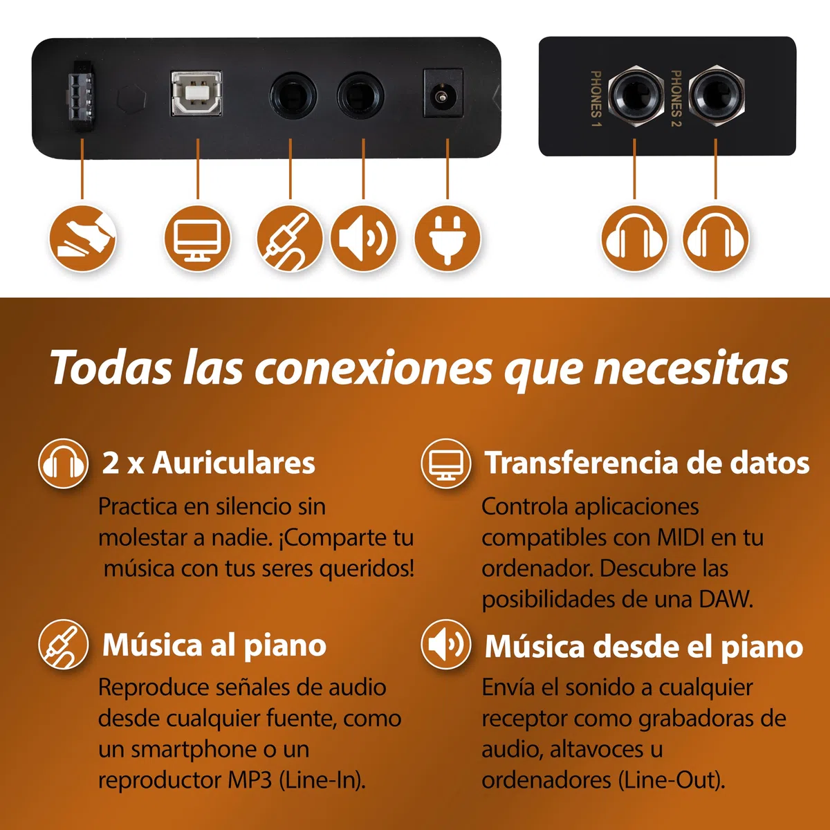 Classic Cantabile DP-50 Piano digital 88 teclas con mecanica martillo - Teclado electronico USB, 32 polifonía y funcion Twin-Piano - Organo musical para ninos - Set con banqueta y auriculares - Marrón