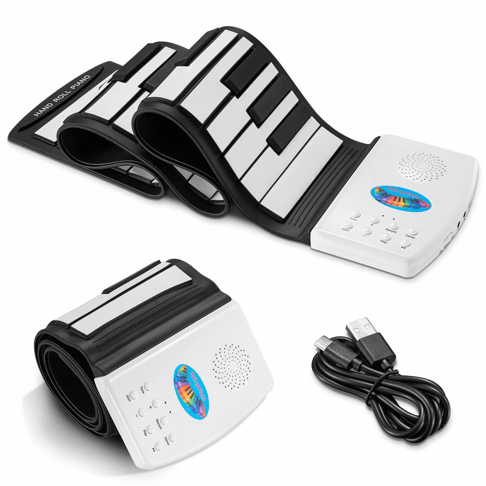 POGOLAB Teclado eléctrico plegable de 49 teclas, portátil, digital, plegable, recargable, 47 tonos, 14 canciones de demostración educativa, regalo para principiantes (blanco y negro)