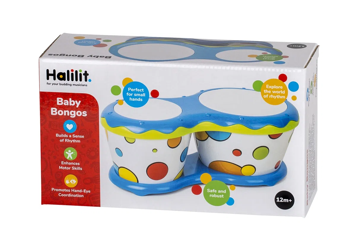 Halilit Baby Bongo Drum. Light & Robust Kids Toy Musical Instrument. 5 Pitches. Promotes Hand-Eye Coordination & Motor Skills. 12 months+ Colours vary, 1 Count (Pack of 1)