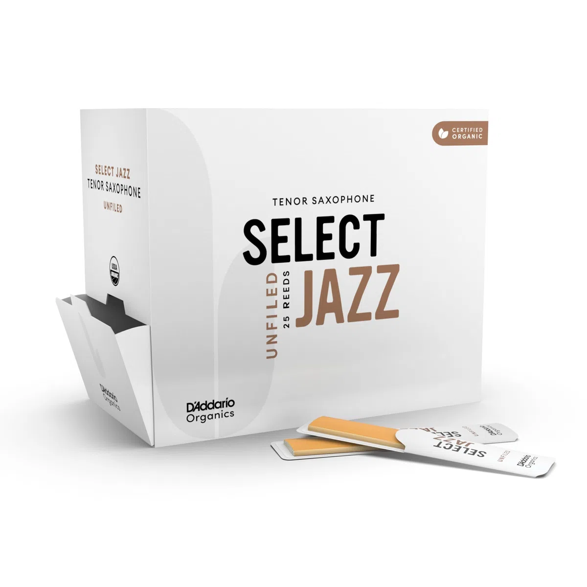 Cañas D'Addario Organic Select Jazz para saxofón tenor, sin lengüeta, fuerza 2 blanda, paquete de 25