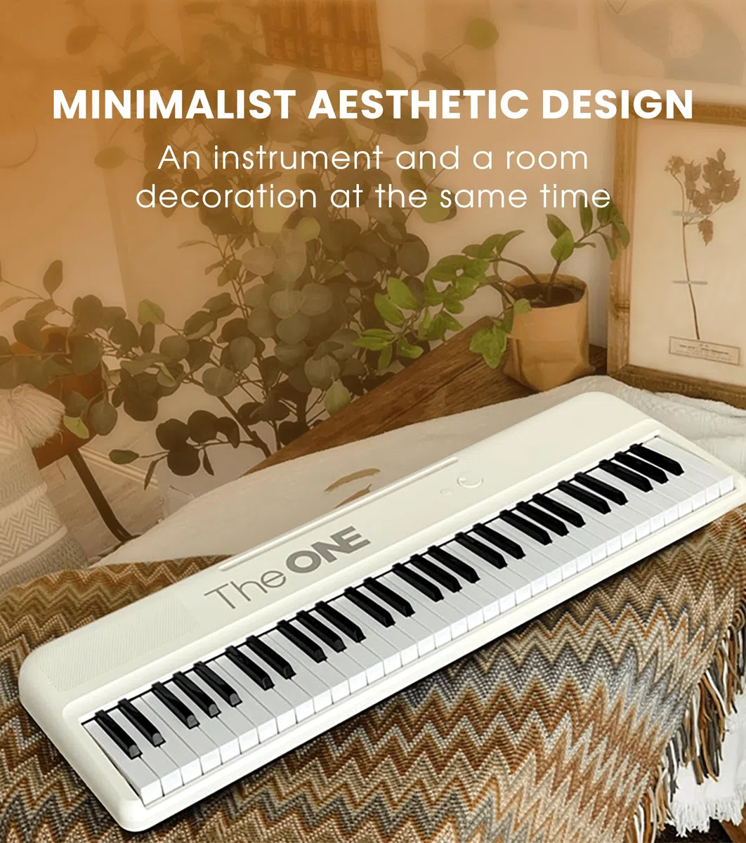 ONE COLOR 61 - Teclado inteligente con teclas iluminadas, piano eléctrico para principiantes con 256 tonos, 64 polifonía, led integradas y aplicaciones, compatible con USB MIDI/auriculares (blanco)