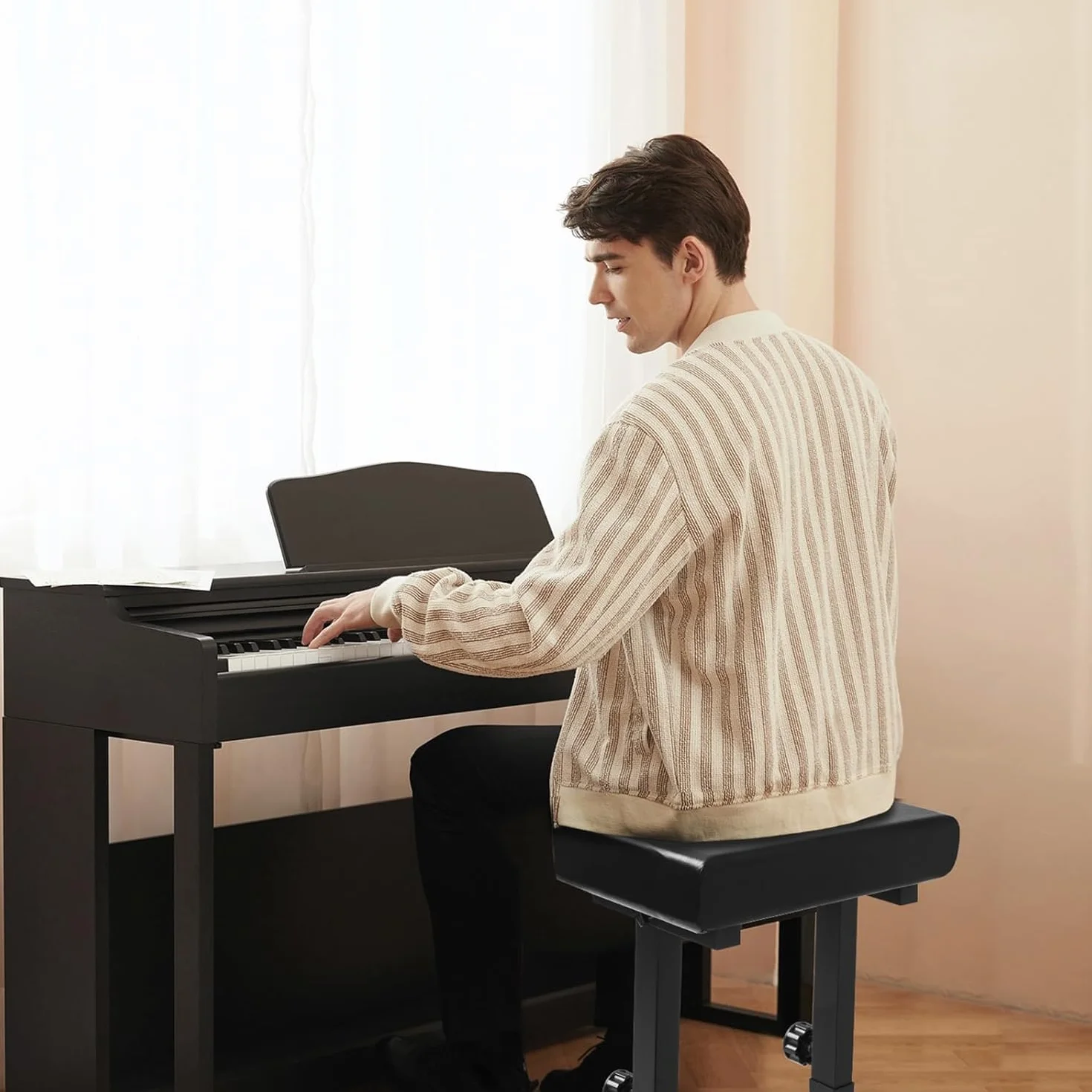 OUUTMEE Banco de piano ajustable – Banco de teclado musical para teclado de piano con cojín acolchado de poliuretano negro, cómodo y suave