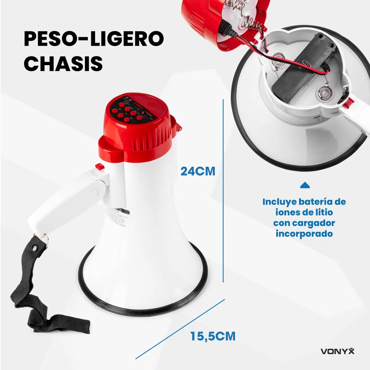 Vonyx MEG025 Megáfono Portátil con Bluetooth de 25W, 800m de Alcance, entradas USB/MicroSD, Sirena, Función de grabación, Megáfono de Mano con Batería Recargable para Eventos en Interior/Exterior
