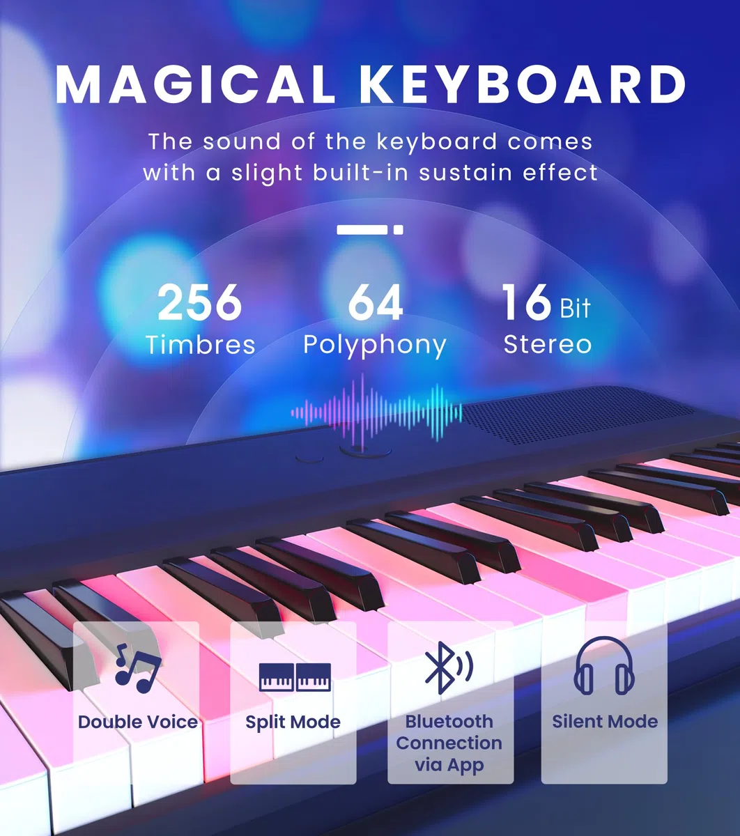 ONE COLOR 61 - Teclado inteligente con teclas iluminadas, piano eléctrico para principiantes con 256 tonos, 64 polifonía, led integradas y aplicaciones, compatible con USB MIDI/auriculares (blanco)