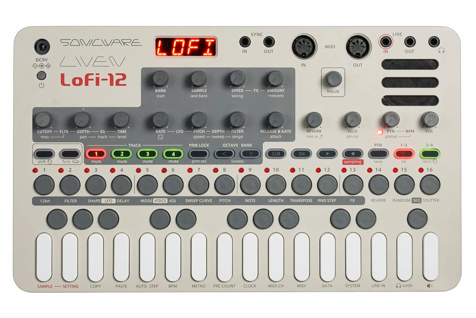 Sonicware LIVEN Lofi-12 [Lo-fi Groovebox & Sampler] Muestreo retro con modo sampler de 12 bits, secuenciador por pasos de 4 pistas, 10 voces, 12 efectos de pista + 9 efectos maestros