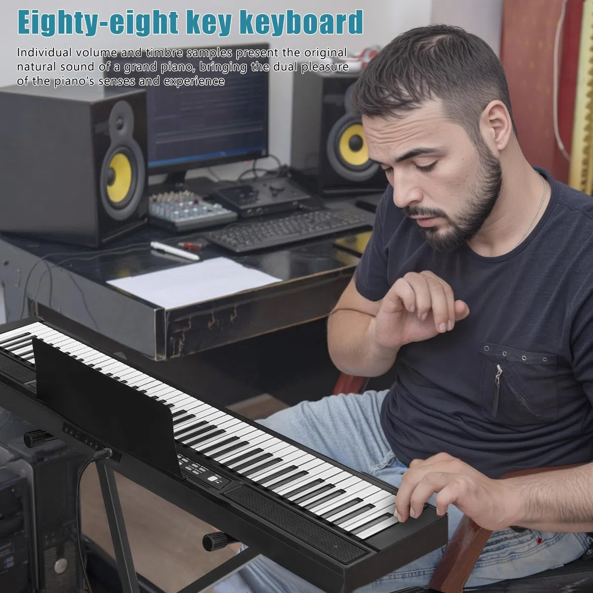 Piano digital de 88 teclas, teclado semi-pesado de tamaño completo con pedal de sustain y alimentación, piano eléctrico portátil para principiantes profesionales, incluye soporte, estuche de