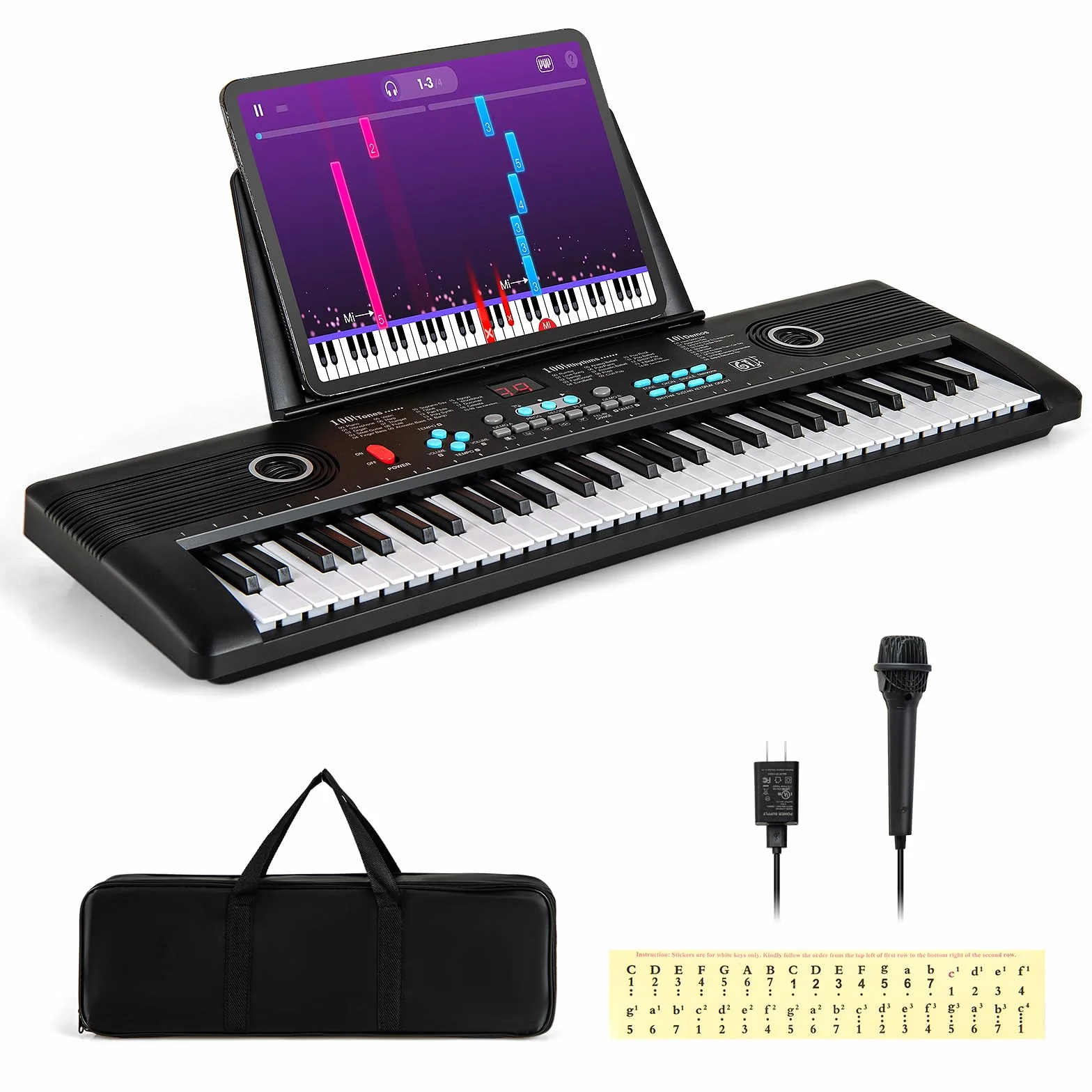 COSTWAY Piano Digital 61 Teclas, Teclado Piano Eléctrico Portátil con Soporte para Música, Micrófono, Pegatinas de Notas y Bolsa de Transporte para Niños y Adultos (Negro)
