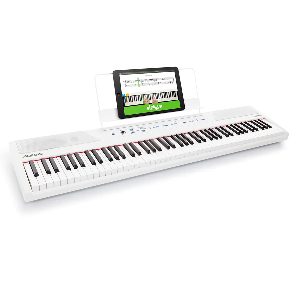 Alesis Recital Piano Eléctrico 88 Teclas Semi Contrapesadas con Altavoces & Soporte para teclado RockJam Xfinity preensamblado, doble arriostrado