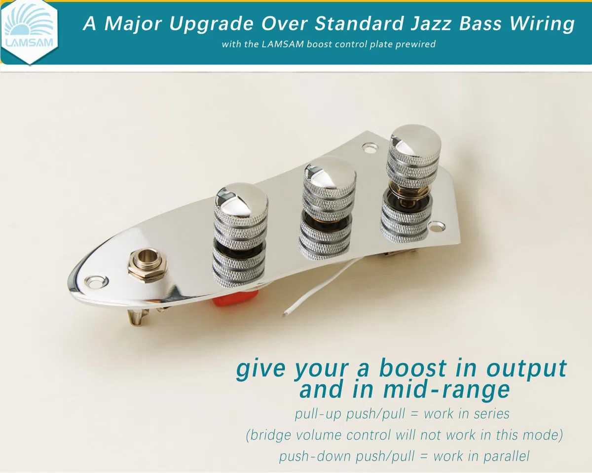 Placa de control precableada para bajo jazz, placa de control de bajo J cargada con arnés de cableado, potenciómetros de empuje y tracción, conector de salida de contacto completo, como piezas