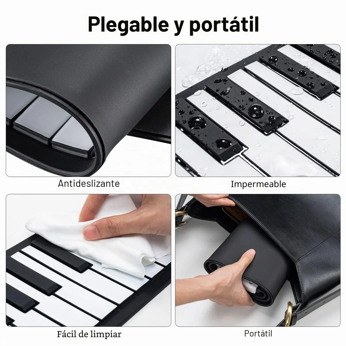 POGOLAB Teclado eléctrico plegable de 49 teclas, portátil, digital, plegable, recargable, 47 tonos, 14 canciones de demostración educativa, regalo para principiantes (blanco y negro)