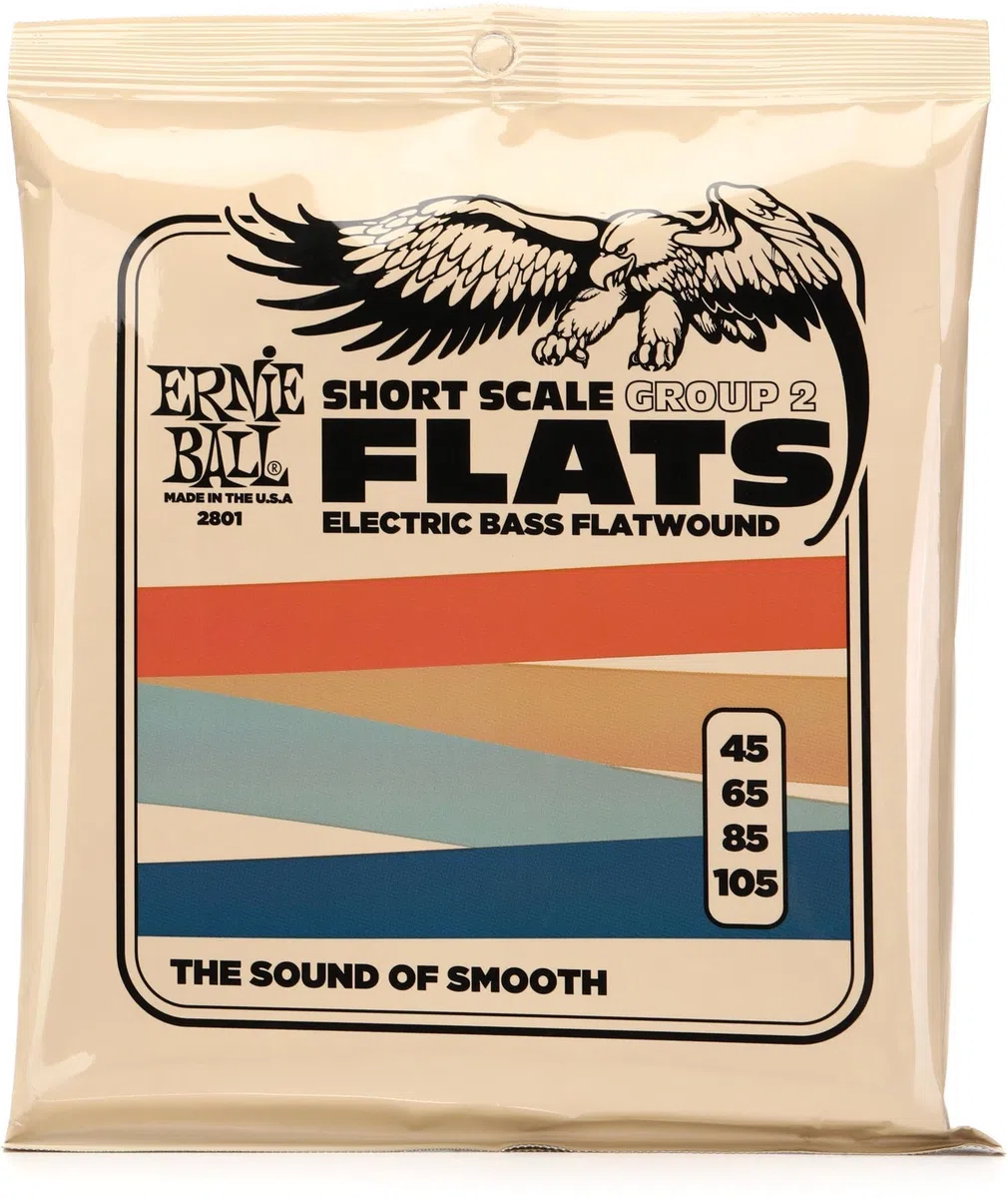Ernie Ball Short Scale Flatwound Grupo 2, Cuerdas para bajo de escala corta, entorchado plano, calibre 45-105
