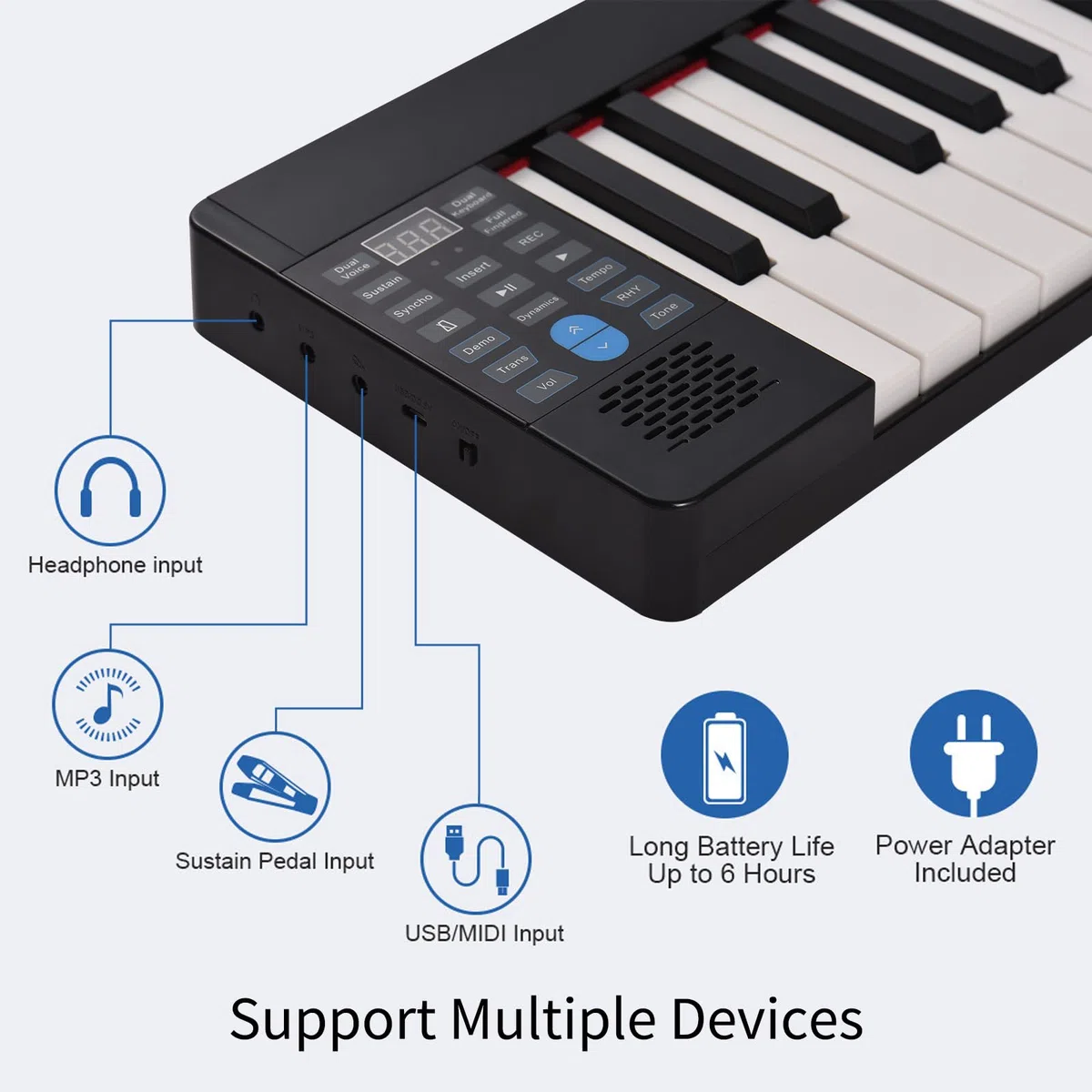 Piano electrónico plegable de 61 teclas Órgano electrónico multifuncional Piano digital plegable Teclado de piano sensible de 61 teclas con pantalla LCD Batería recargable incorporada Conectivi