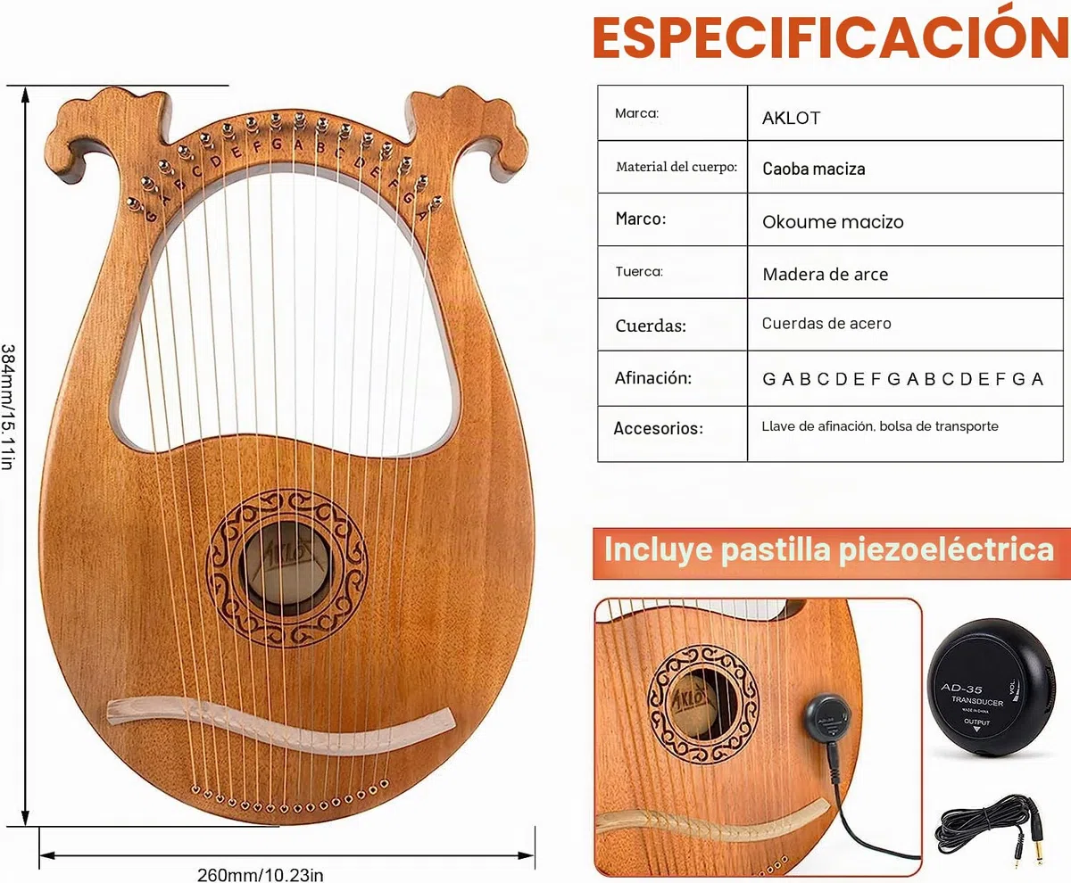 AKLOT Arpa lira Sillín de hueso de 16 cuerdas de metal Okoume Lye Harp con llave de afinación Pick UP y funda negra