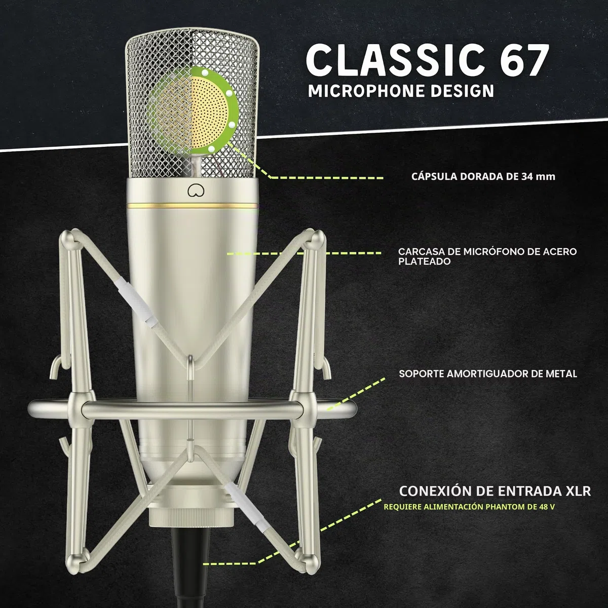 MA-67 Micrófono condensador de estudio dorado de 34 mm, incluye filtro Hydro Pop, soporte de metal, cable XLR y bolsa de micrófono - para producción musical