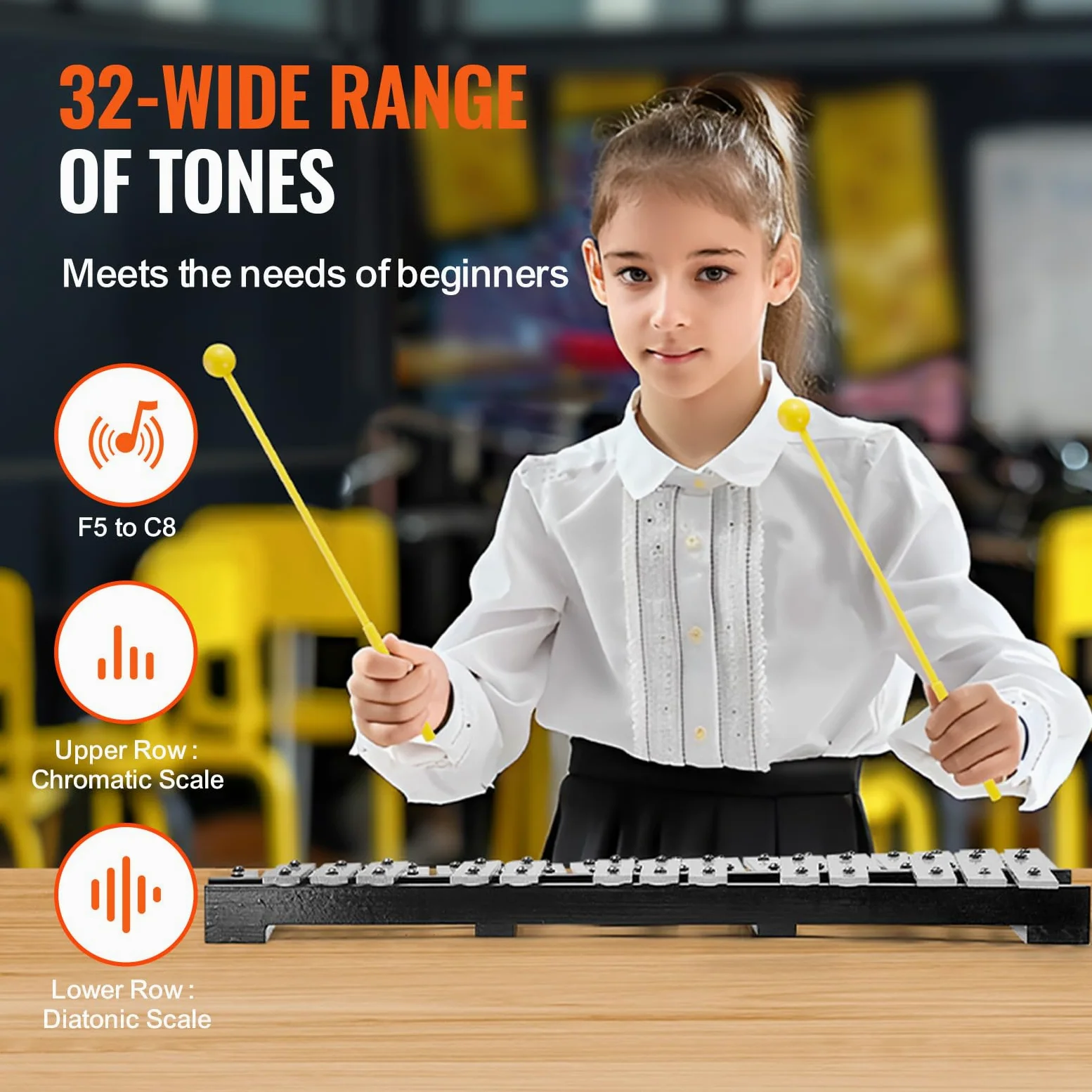 VEVOR Kit de Campana de Xilófono Glockenspiel de 32 Notas Instrumento de Percusión con Mazos, Baquetas y Bolsa de Transporte, Juego de Instrumentos de Percusión Profesional para Adulto, Estudiante