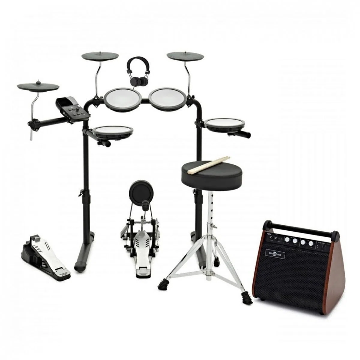 VISIONDRUM+ Batería Electrónica 8 Pads en Malla, Hi-Hat, Kick y Ampli | Kit de Batería Eléctrica Adultos y Niños, Altura Regulable, Diseño Plegable, Ampli, Auriculares, Taburete y Baquetas