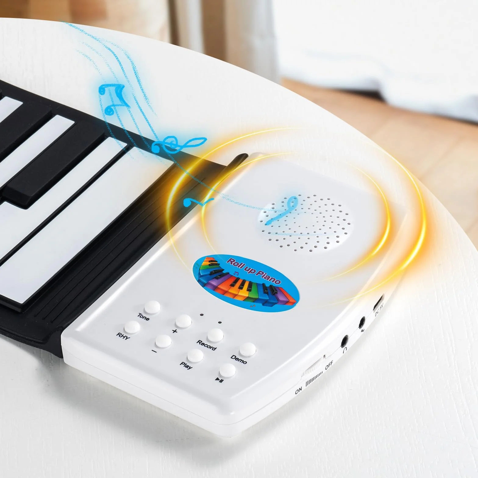 POGOLAB Teclado eléctrico plegable de 49 teclas, portátil, digital, plegable, recargable, 47 tonos, 14 canciones de demostración educativa, regalo para principiantes (blanco y negro)