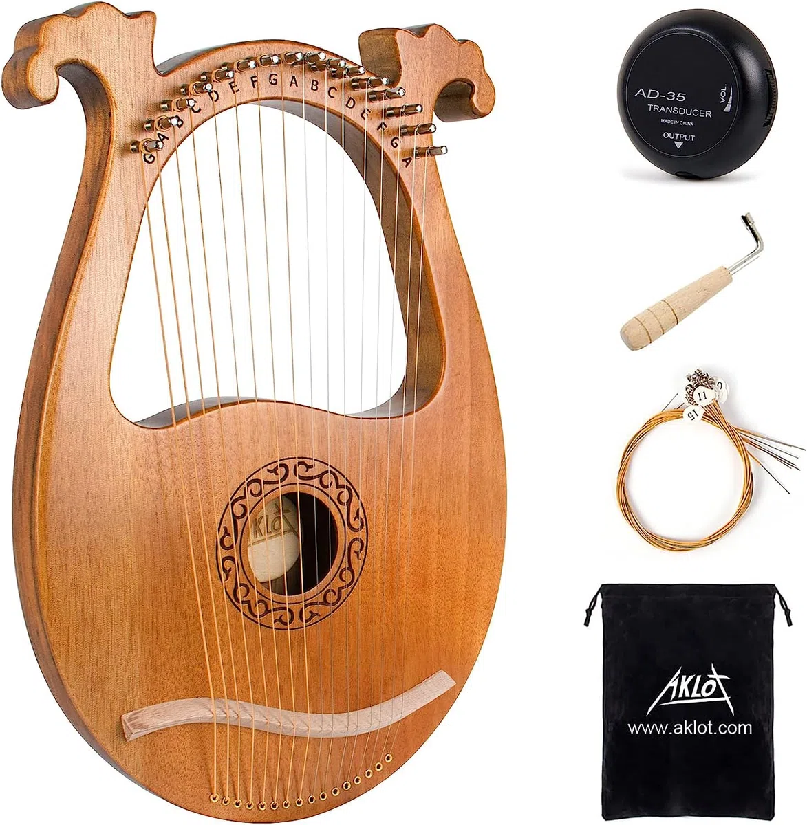 AKLOT Arpa lira Sillín de hueso de 16 cuerdas de metal Okoume Lye Harp con llave de afinación Pick UP y funda negra