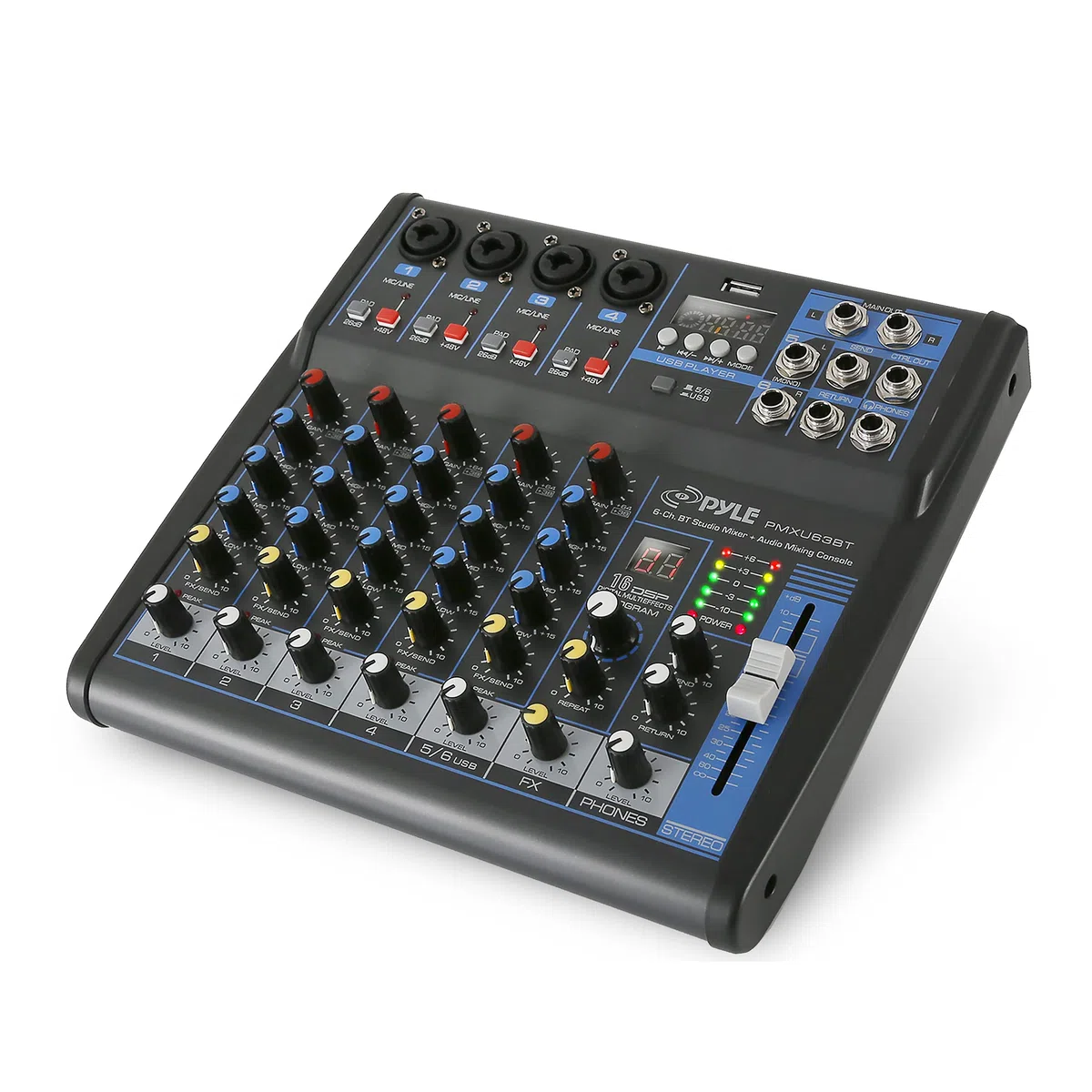 Pyle Consola de placa de sonido mezcladora de audio profesional, interfaz de sistema de escritorio con 6 canales, USB, Bluetooth, entrada de computadora digital MP3, alimentación fantasma de 48 V