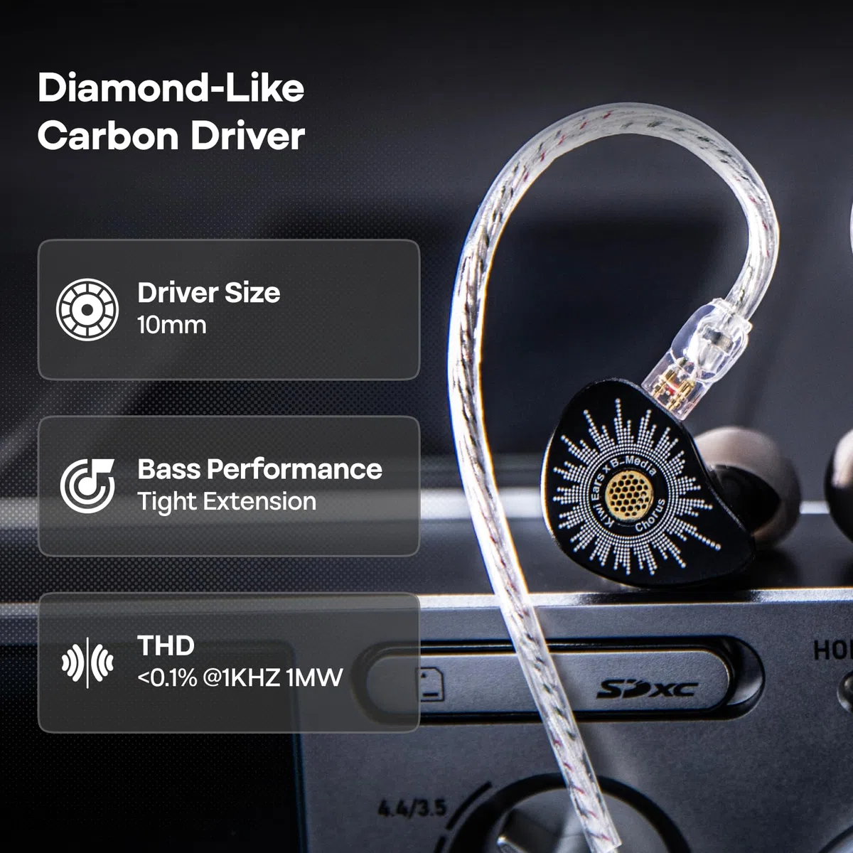 Linsoul Kiwi Ears x B_Media: Chorus In-Ear Monitor, Controlador Dinámico con Diafragma DLC, Auriculares Cableados con Placa Frontal de Metal CNC, Cable Doble Chapado en Plata (Negro, 3,5 mm sin Mic)