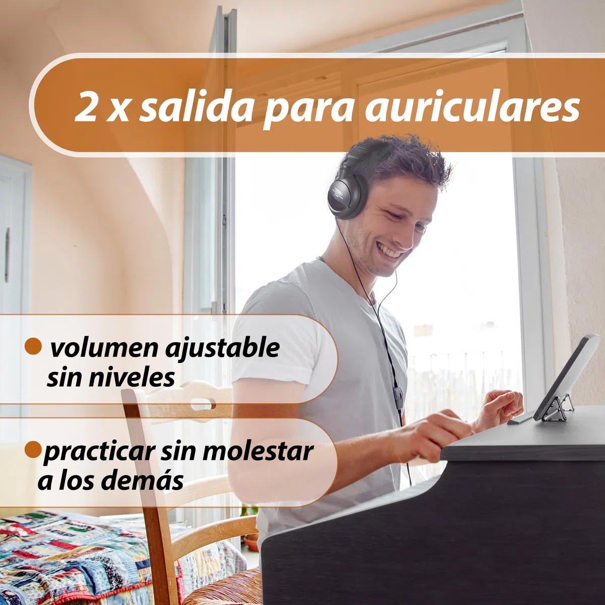 Classic Cantabile DP-50 Piano digital 88 teclas con mecanica martillo - Teclado electronico USB, 32 polifonía y funcion Twin-Piano - Organo musical para ninos - Set con banqueta y auriculares - Marrón