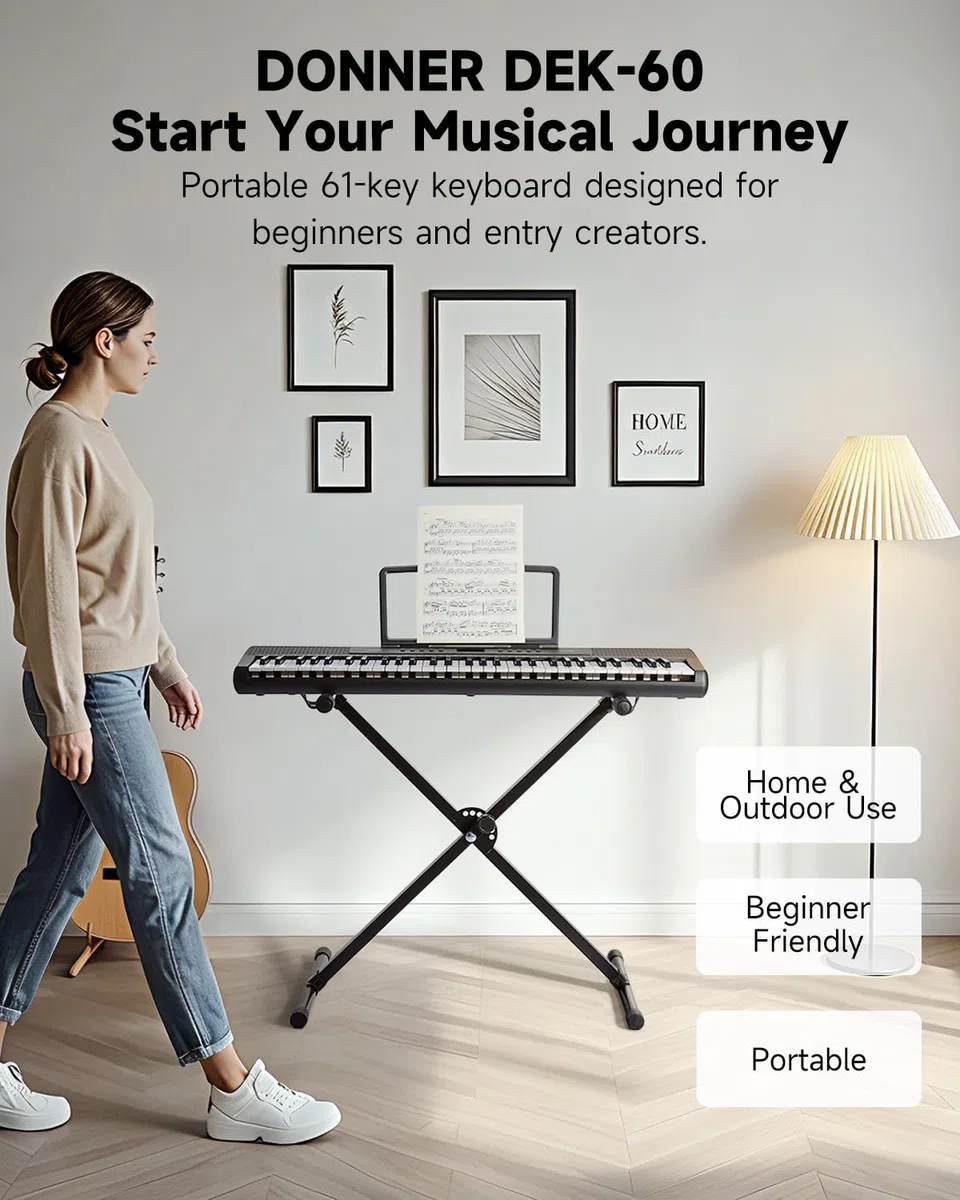 Donner Piano de teclado de 61 teclas, paquete de teclado eléctrico portátil, piano digital para principiantes con USB MIDI, altavoces integrados, auriculares, soporte X, bolsa de transporte, 300 tonos