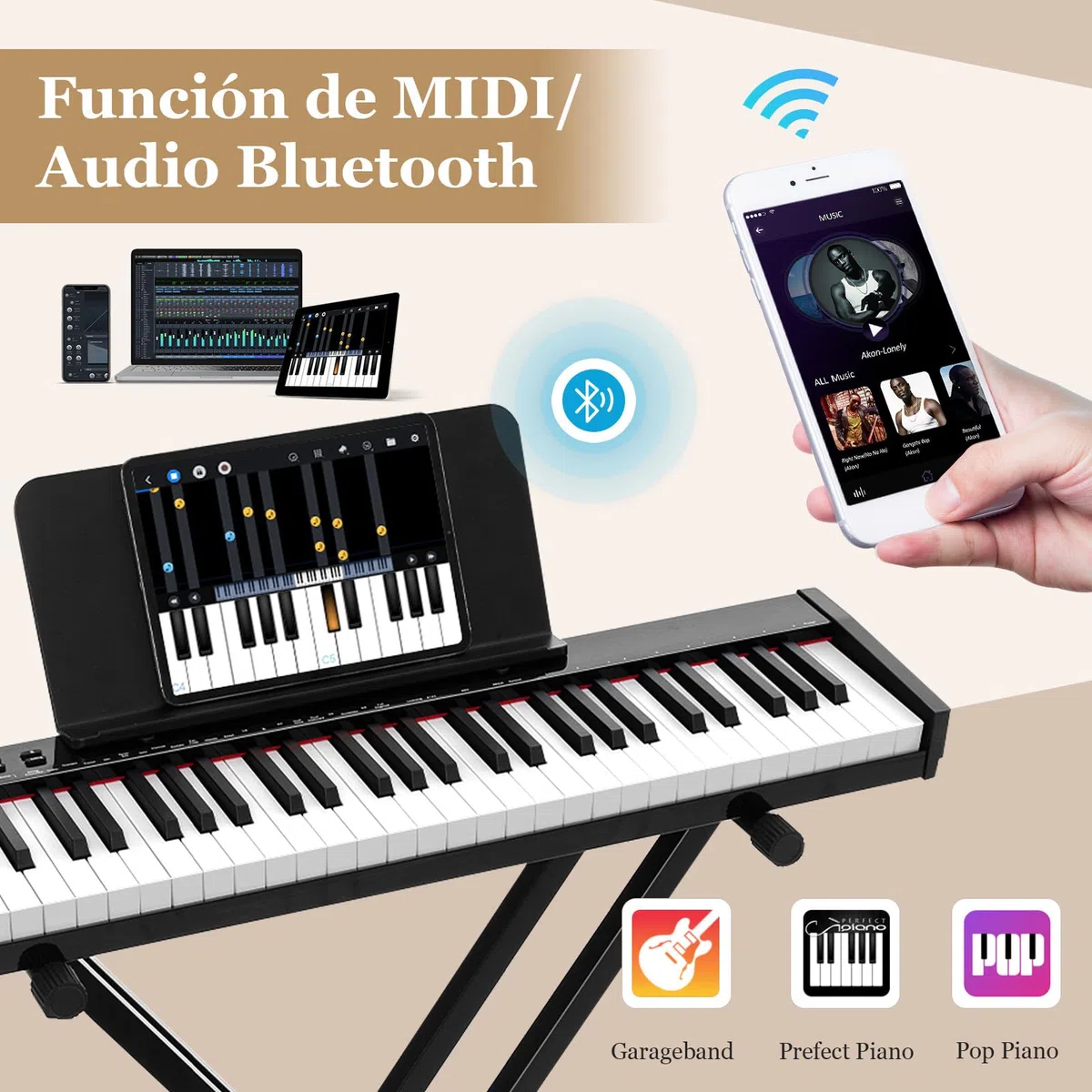 COSTWAY Teclado Electrónico de 61 Teclas con Taburete de Piano, Piano Electrico con Soporte para Teclado, Set de Piano Digital con Teclas Semi-Pesadas, Función de Audio MIDI Inalámbrica