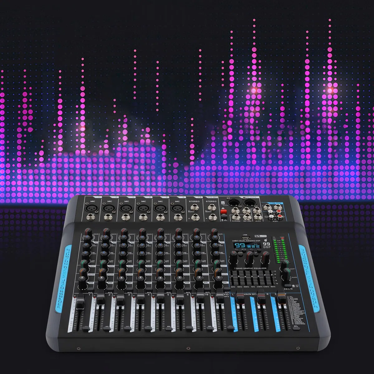 Consola de mezclador de sonido estéreo profesional de 10 canales | Mezclador de audio Bluetooth Studio Mixer con 99 efectos DSP | Mixpult con unidad USB + alimentación fantasma de 48V | Mezclador de