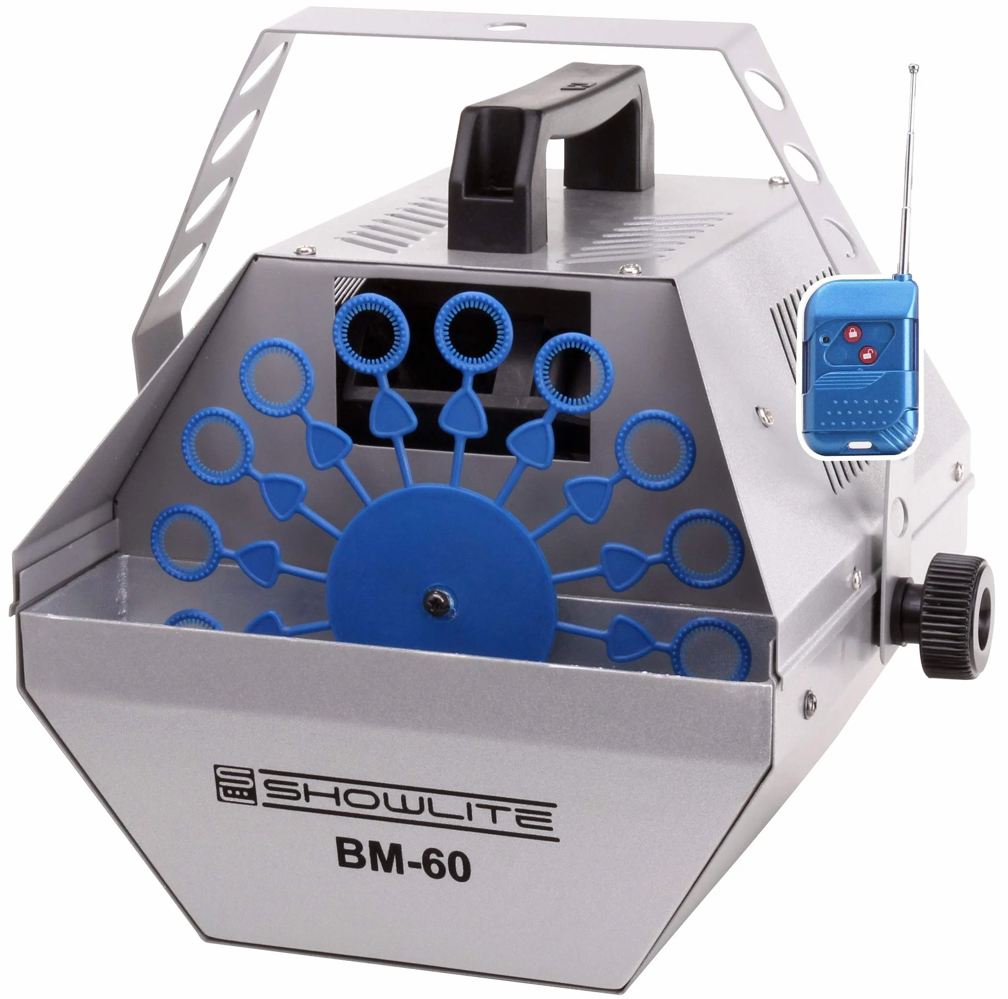 Showlite BM-60 Máquina de Burbujas 60W con Mando a Distancia Inalámbrico (Tanque 0,6l, 2-3 Horas de Duración con Tanque Lleno, Efecto Fiesta, Disco Bubbles) Plateado