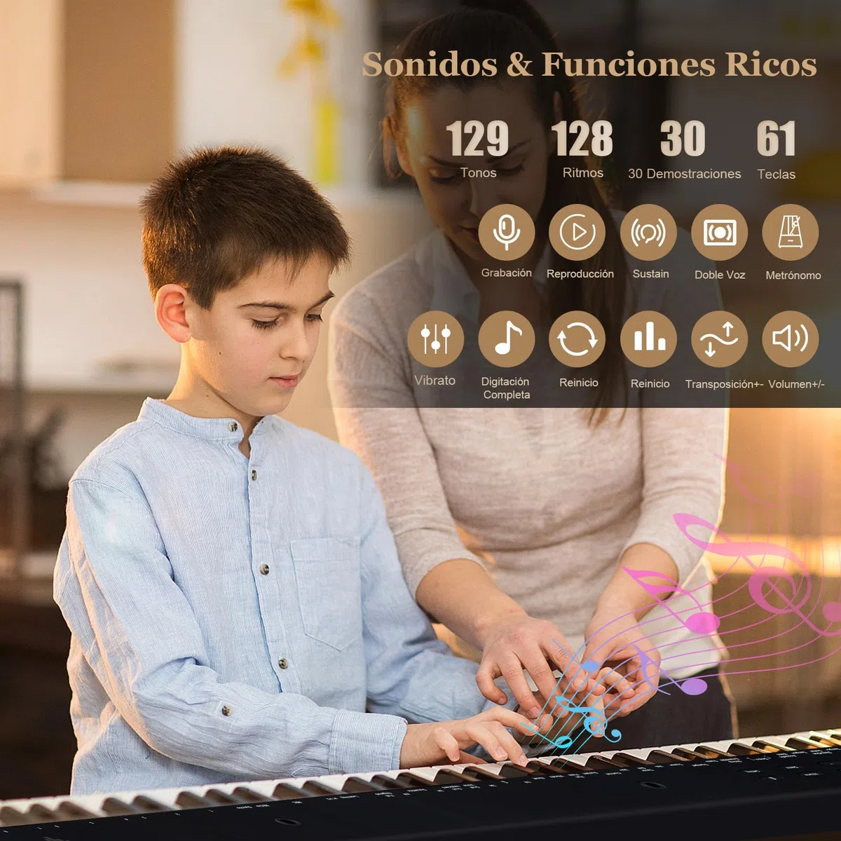 COSTWAY Teclado Electrónico de 61 Teclas con Taburete de Piano, Piano Electrico con Soporte para Teclado, Set de Piano Digital con Teclas Semi-Pesadas, Función de Audio MIDI Inalámbrica