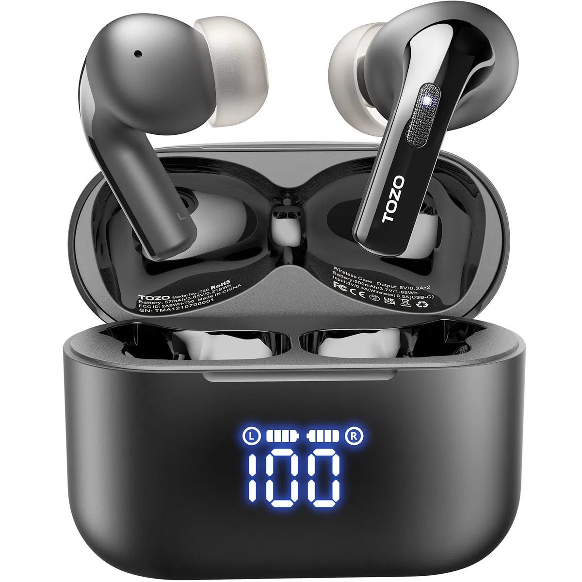 TOZO T20 Auriculares inalámbricos Bluetooth 5.3 con ENC Llamada LED Pantalla ORIGX 2.0 Acústico EQ Ajuste, Carga rápida Inalámbrica y USB Tipo C IPX8 Negro