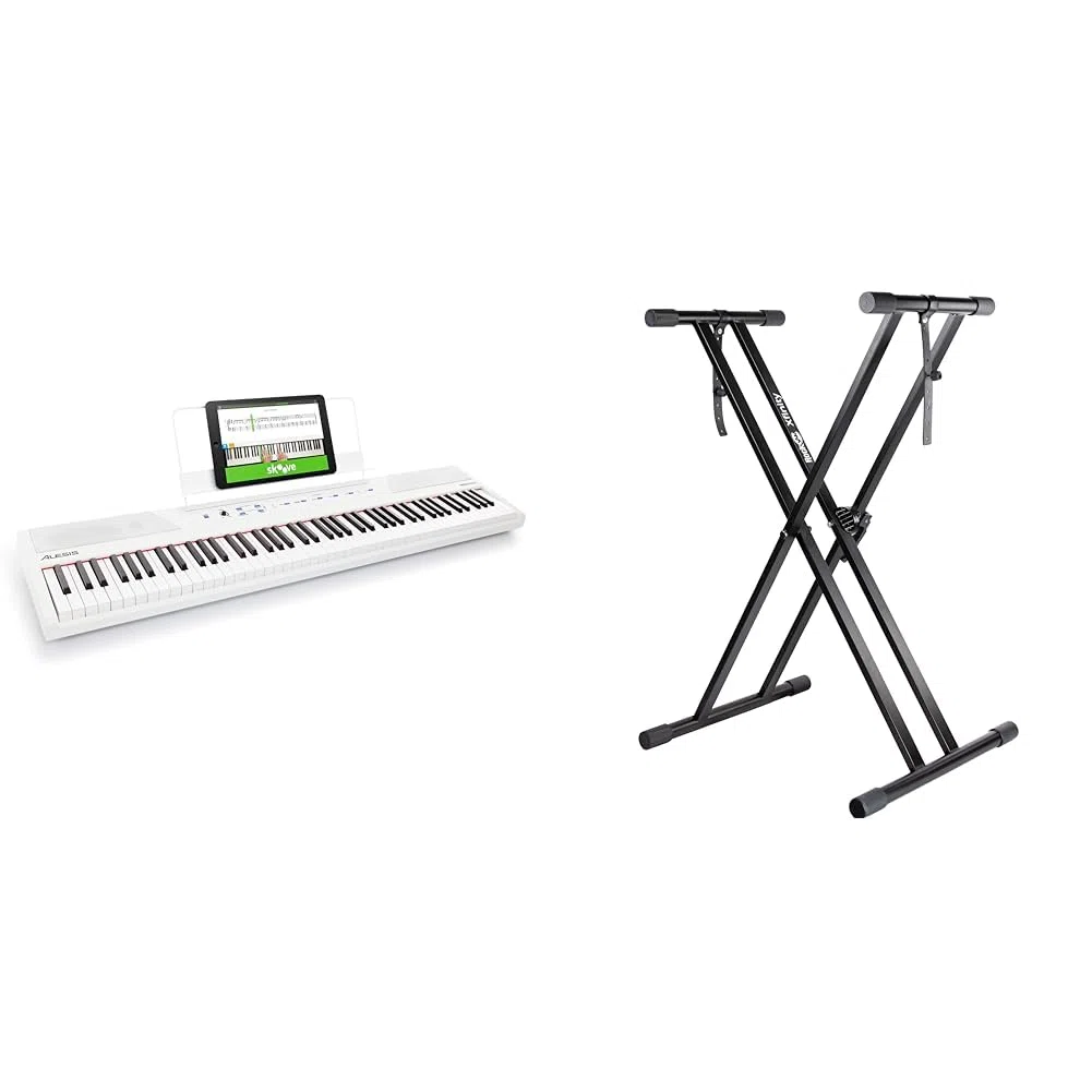 Alesis Recital Piano Eléctrico 88 Teclas Semi Contrapesadas con Altavoces & Soporte para teclado RockJam Xfinity preensamblado, doble arriostrado