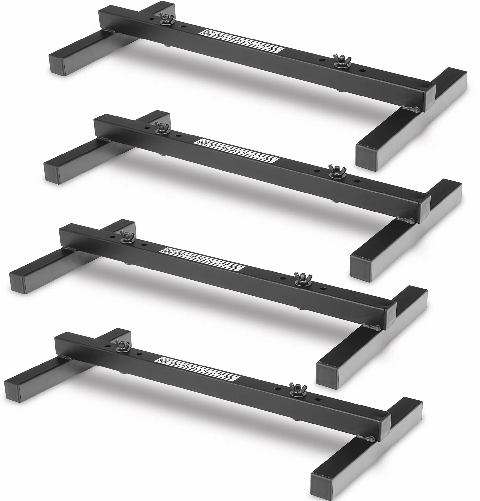 Set De 4 Soportes De Piso Showlite FLS-20 PAR (Soportes Dobles Para Colocar Dos Focos, Base De 55,5 x 25,5 cm, 6 cm De Alto, Construcción Robusta, Apilables) Negro