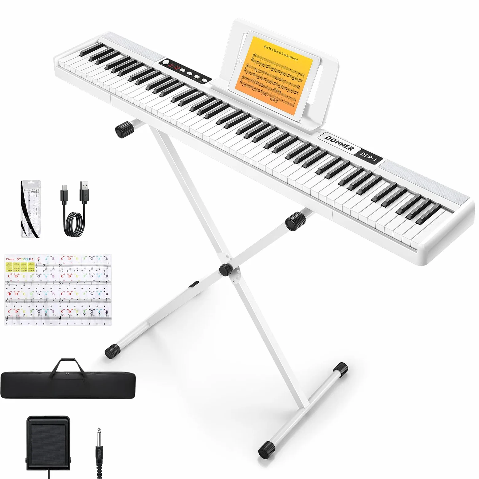 Donner DEP-1 Piano Keyboard de 88 teclas, teclado digital para principiantes, teclas dinámicas, piano electrónico portátil con soporte, pedal de sostenimiento, bolsa de transporte y adhesivo para