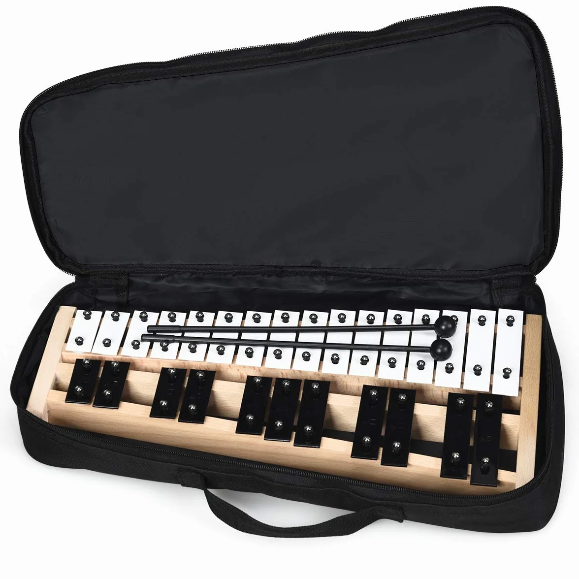 KOMFOTTEU Xilófono de 27 Notas, Glockenspiel con Teclas de Aluminio y Base de Madera, Instrumento de Percusión con 2 Mazos, Bolsa de Transporte, Carrillón para Niños y Adultos