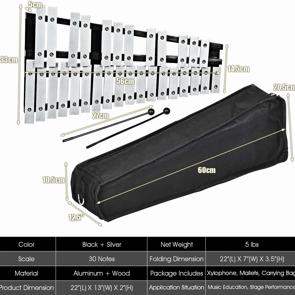 KOMFOTTEU Xilófono de 30 Notas, Instrumento de Percusión con Teclas de Aluminio y 2 Mazos, Carillón Infantil con Bolsa de Transporte, Instrumento Musical para Niños y Adultos
