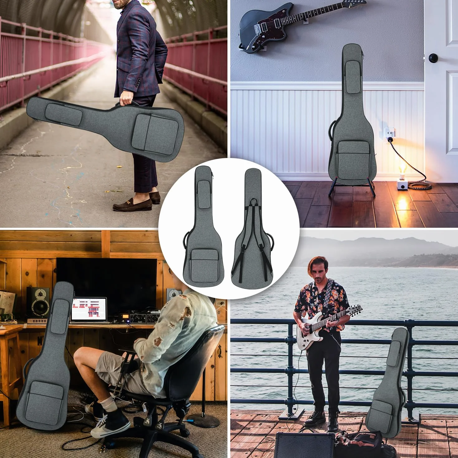 Bolsa de guitarra eléctrica, 39 40 pulgadas, bolsa de guitarra eléctrica, funda acolchada de 0.4 pulgadas de grosor, resistente al agua con dos bolsillos, almohadilla protectora para el cuello, gris