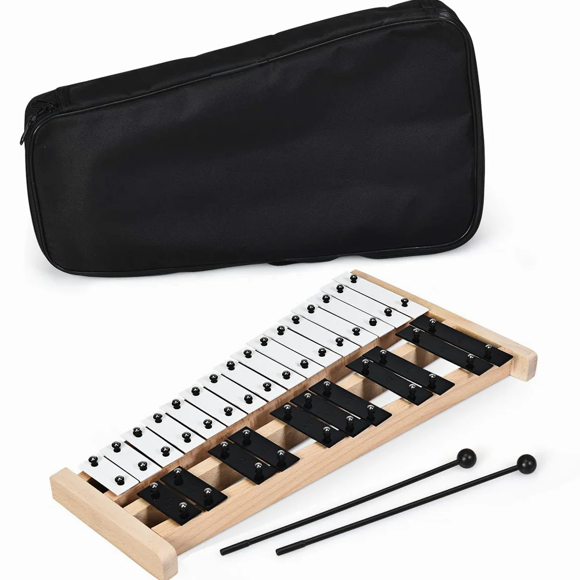 GOPLUS Xilófono Glockenspiel de 27 Notas, Tamaño Completo, con 27 Teclas Metálicas, Instrumento de Percusión con Base de Madera, 2 Mazos de Goma, 1 Bolsa de Transporte, Adecuado para Niños y Adultos