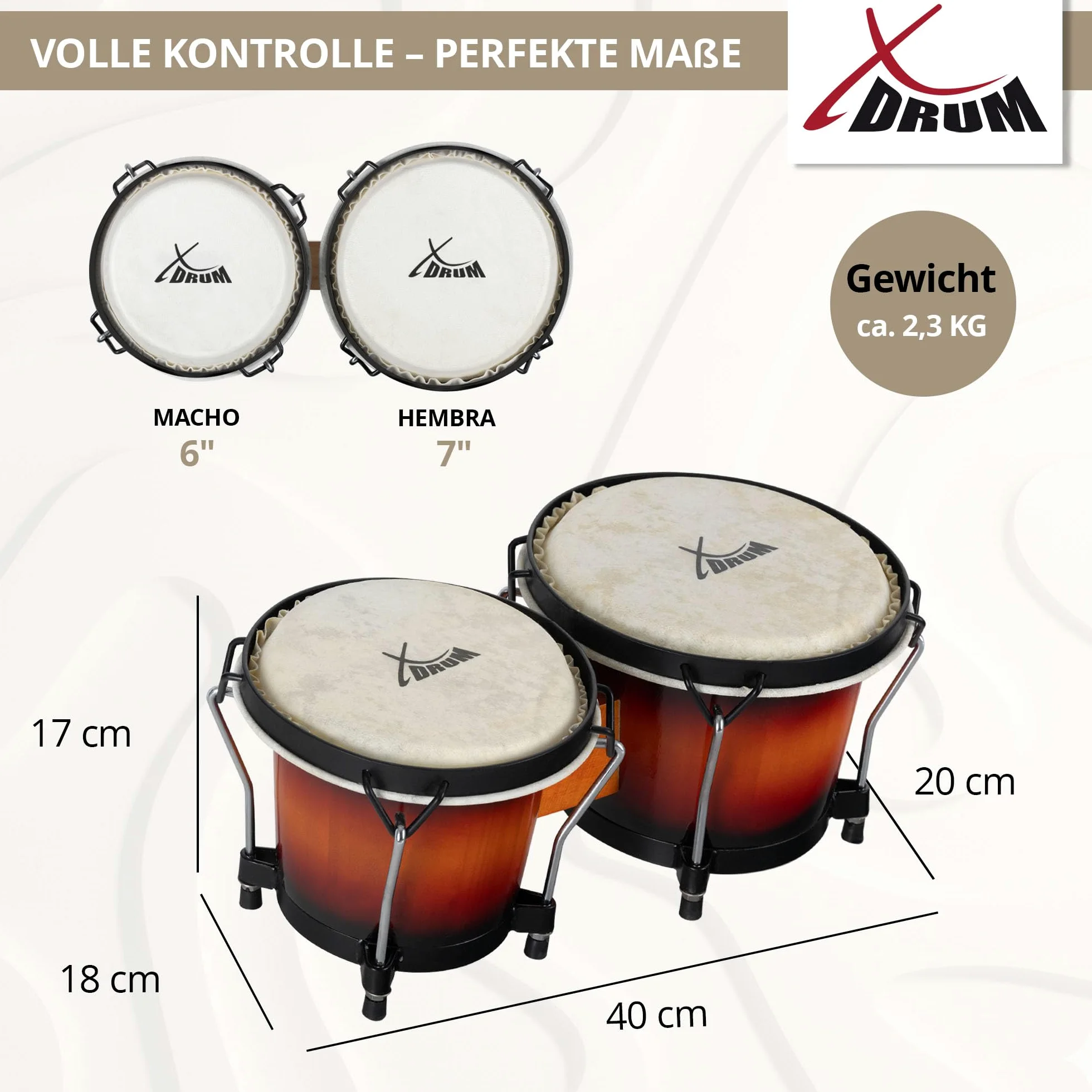 XDrum PERC Bongos Club Burdeos - 2 tambores de 6" y 7" - Bongos con parches naturales afinables y llave de afinación - Tambores de madera Vintage Sunburst