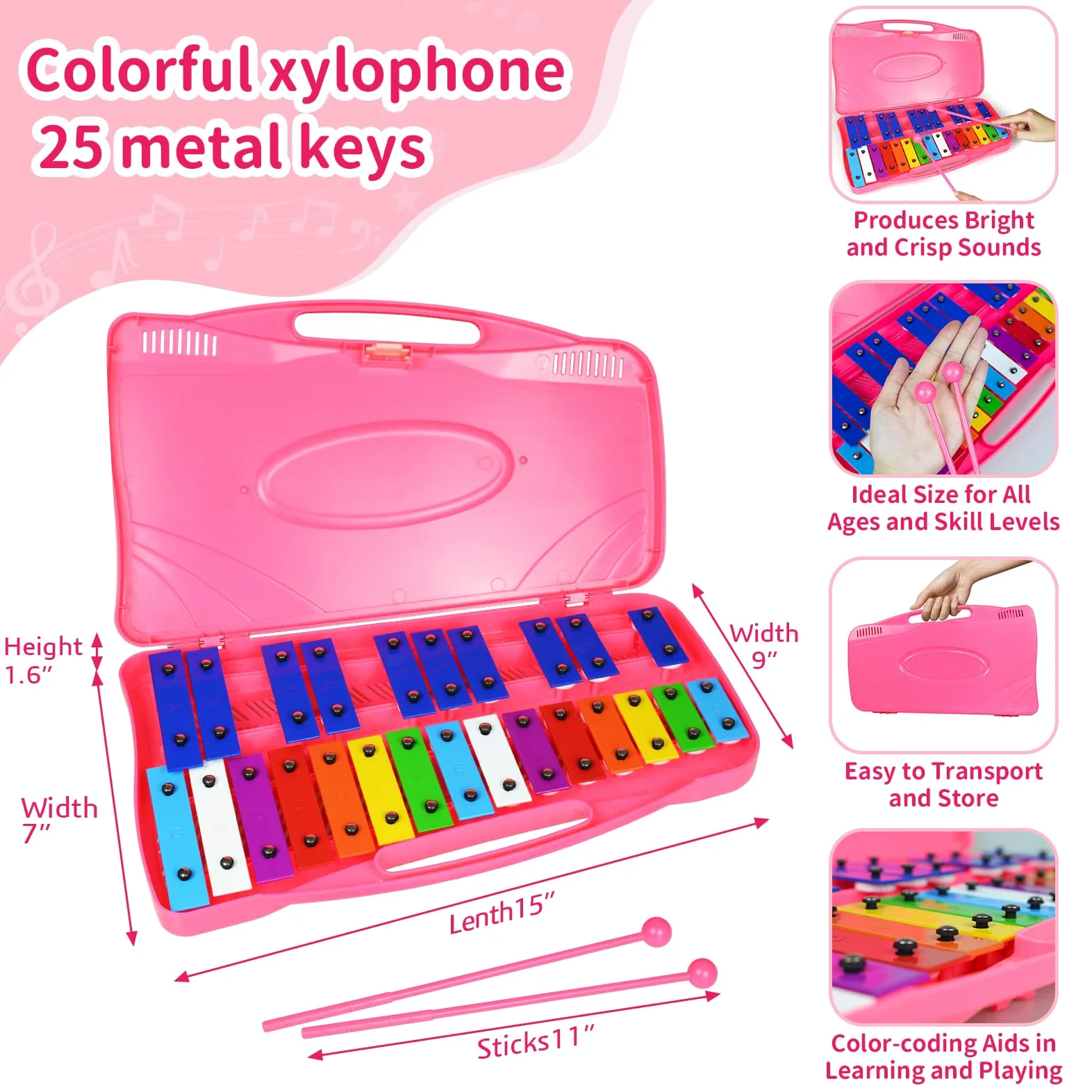 Glockenspiel - Xilófono - 25 notas coloridas teclas metálicas con mazos, instrumento musical de percusión, enseñanza de música educativa para principiantes, rosa