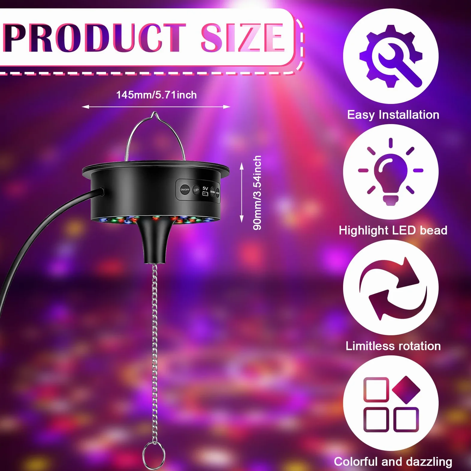 Motor de bola de discoteca con luz LED, motor giratorio de espejo con control remoto, luz de discoteca de 30 perlas LED, velocidad ajustable, accionamiento silencioso para bola de discoteca