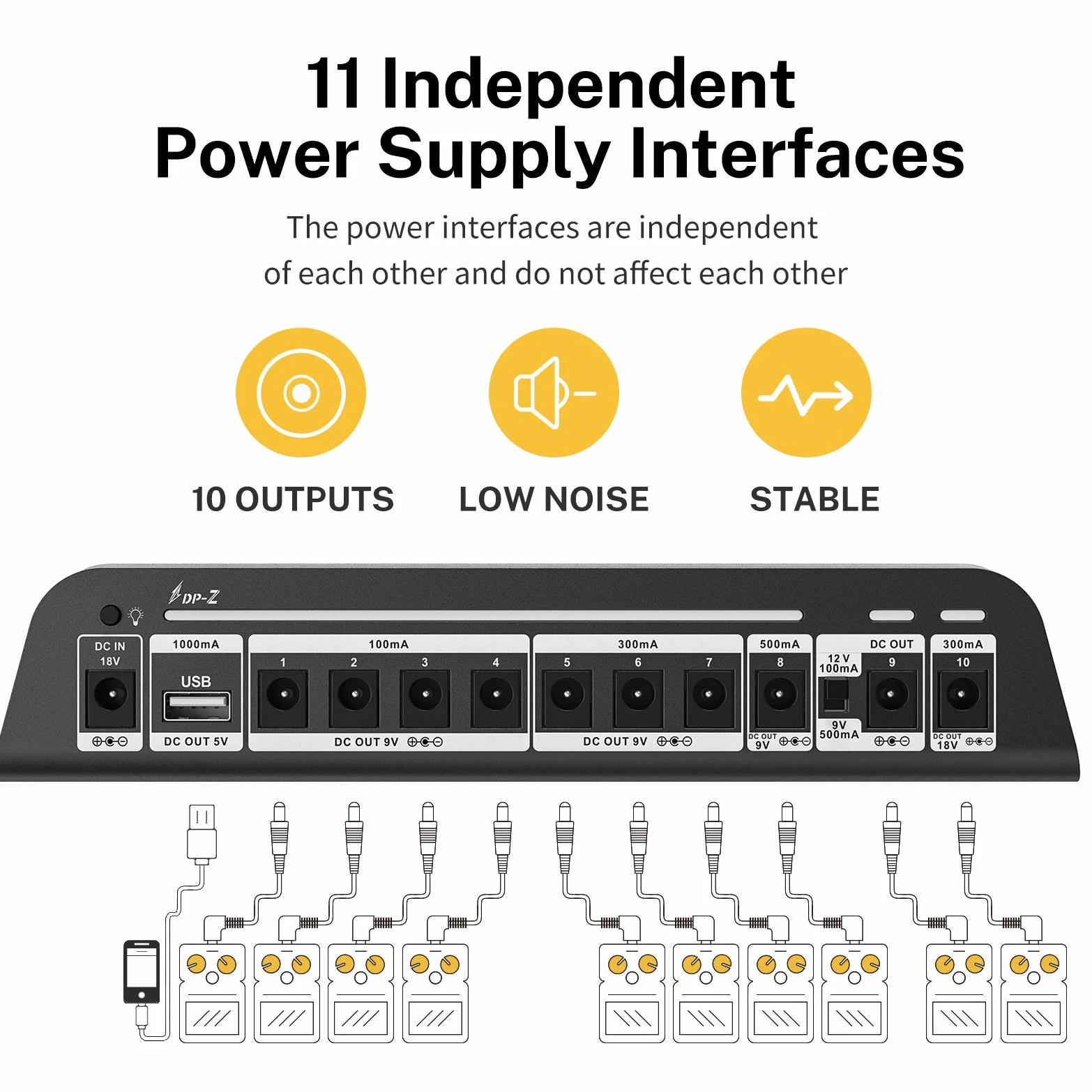 Donner DP-Z Fuente de alimentación para pedales de guitarra de 9V 10 salidas DC aisladas con puerto USB para pedales de efectos de 9V/12V/18V DC 18v 2000m de entrada