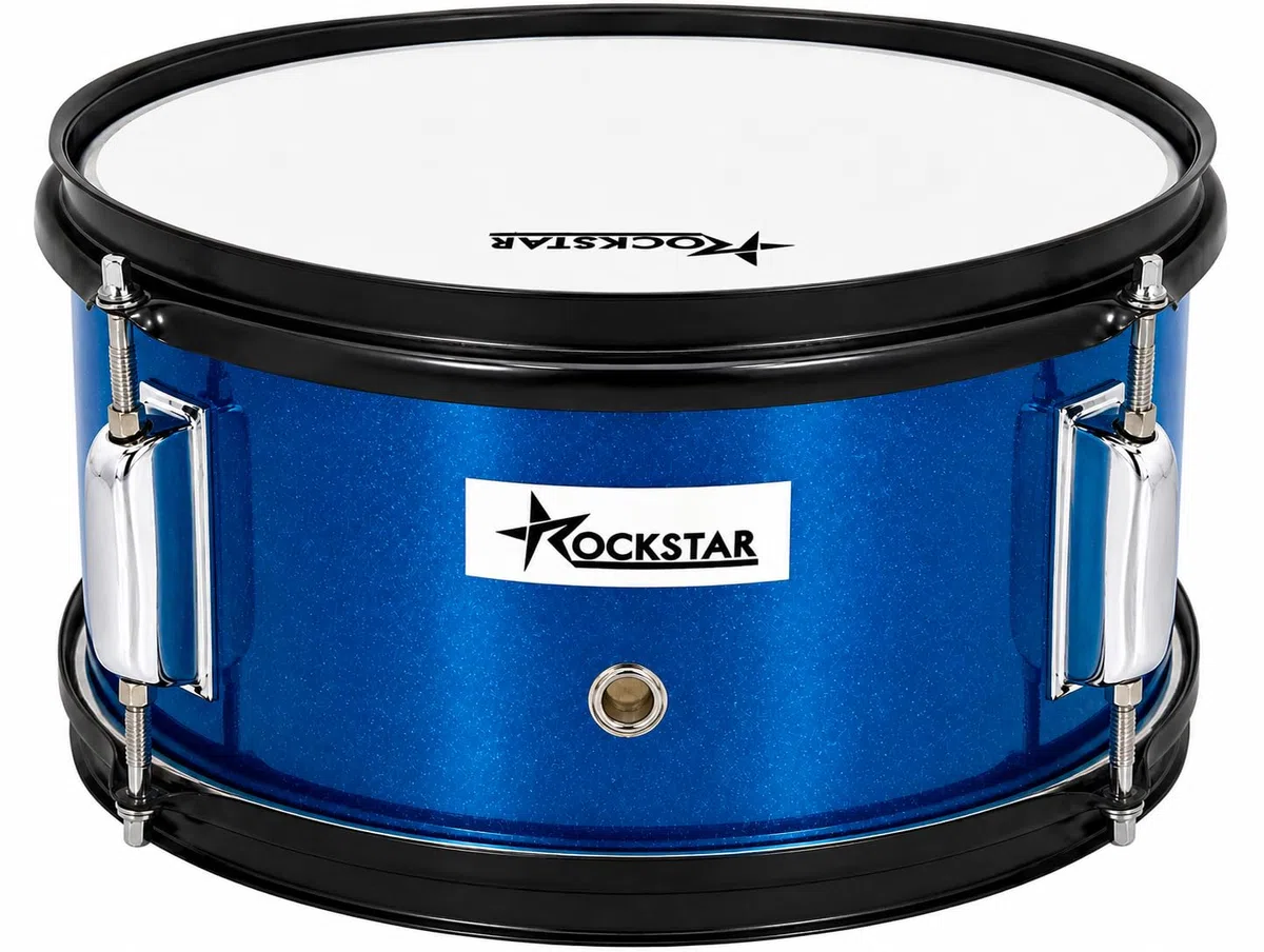 ROCKSTAR - Tambor de Madera Afinable SMS-1205BL 12" x 5" (30,5 x 12,7 cm) Caja de Marcha, Instrumento de Percusión con Bordón Ajustable, Correa y Baquetas Incluidas. Azul metalizado.