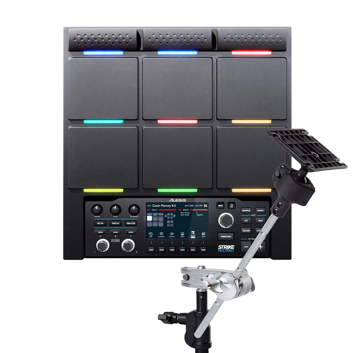 Alesis Strike Multipad con Multipad Clamp - Pad de Percusión con 9 Disparadores, Sampler, Looper y Tarjeta de Sonido con Sistema de Soporte Universal para Pads de Percusión