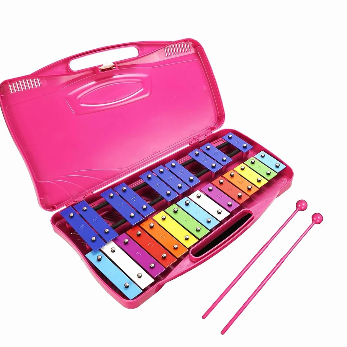 Glockenspiel - Xilófono - 25 notas coloridas teclas metálicas con mazos, instrumento musical de percusión, enseñanza de música educativa para principiantes, rosa