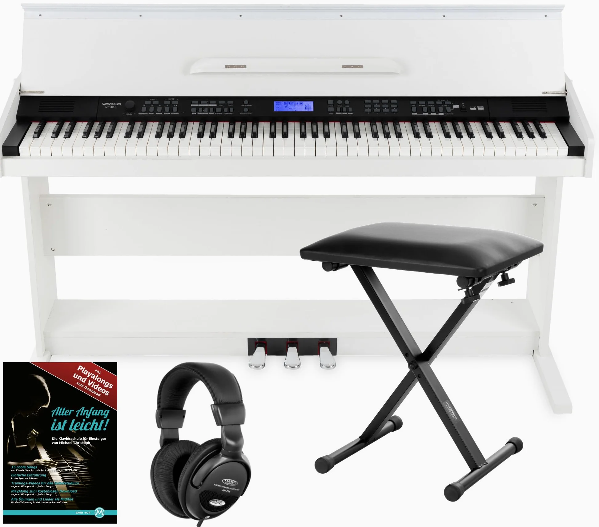 Piano digital FunKey DP-88 blanco set con auriculares, banco de piano Economy y manual