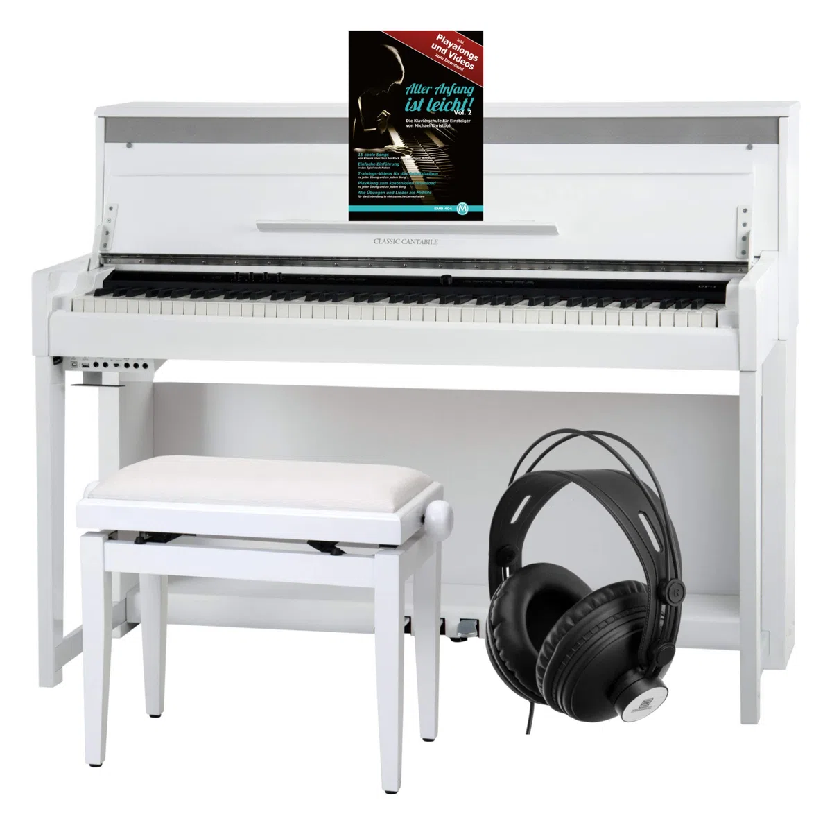 Classic Cantabile UP-1 WH Piano Vertical Digital - 88 Teclas con Peso - Teclado electronico con USB, MIDI, 40 voces, 256 polifonía - Organo musical Set con Banqueta y Auriculares - Blanco Brillante