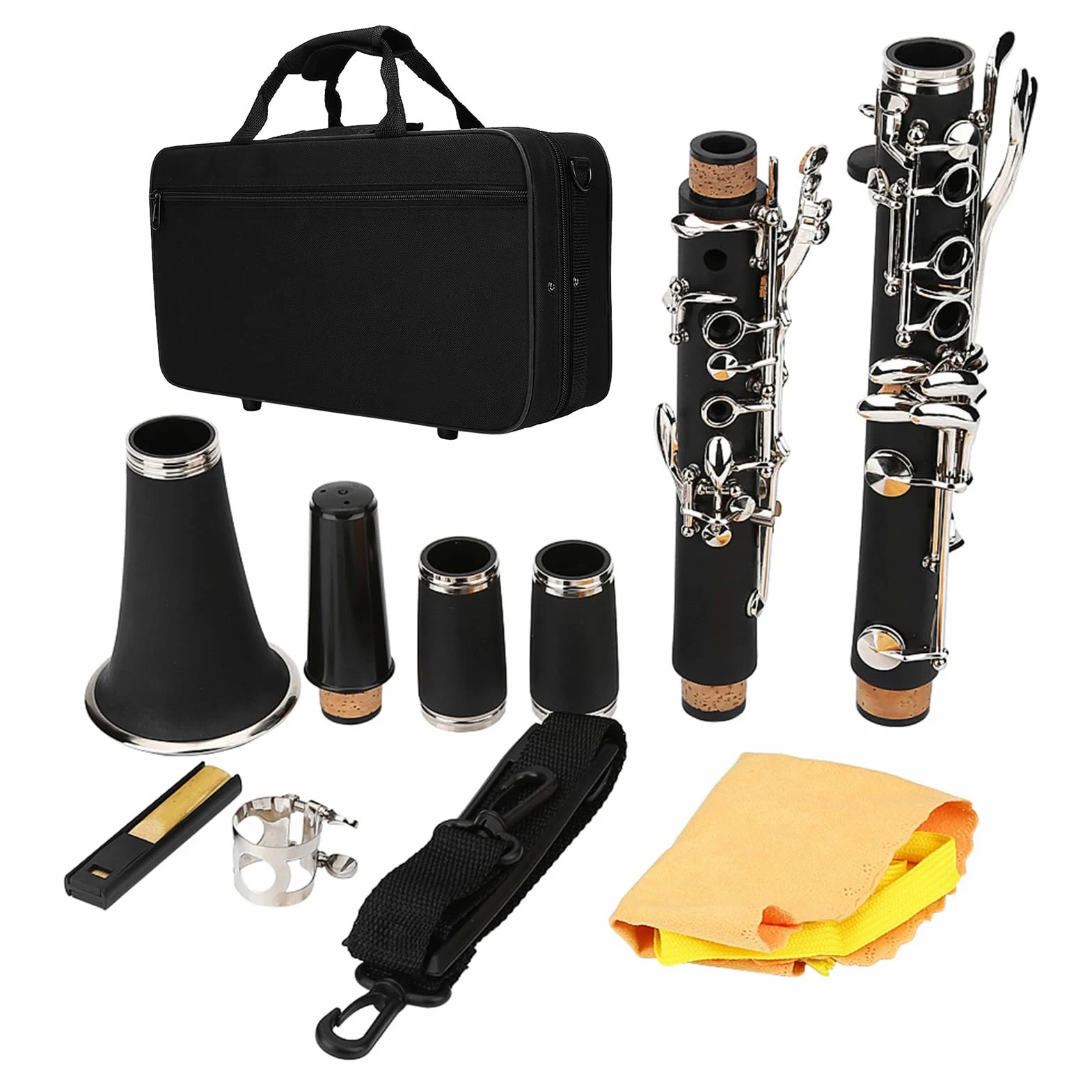 CHICIRIS Clarinete de Baquelita Exquisito de 17 Teclas Tono Suave para Bandas de Música y Músicos Cañas Incluidas Paño de Limpieza Diseño Elegante para Entusiastas de la Música