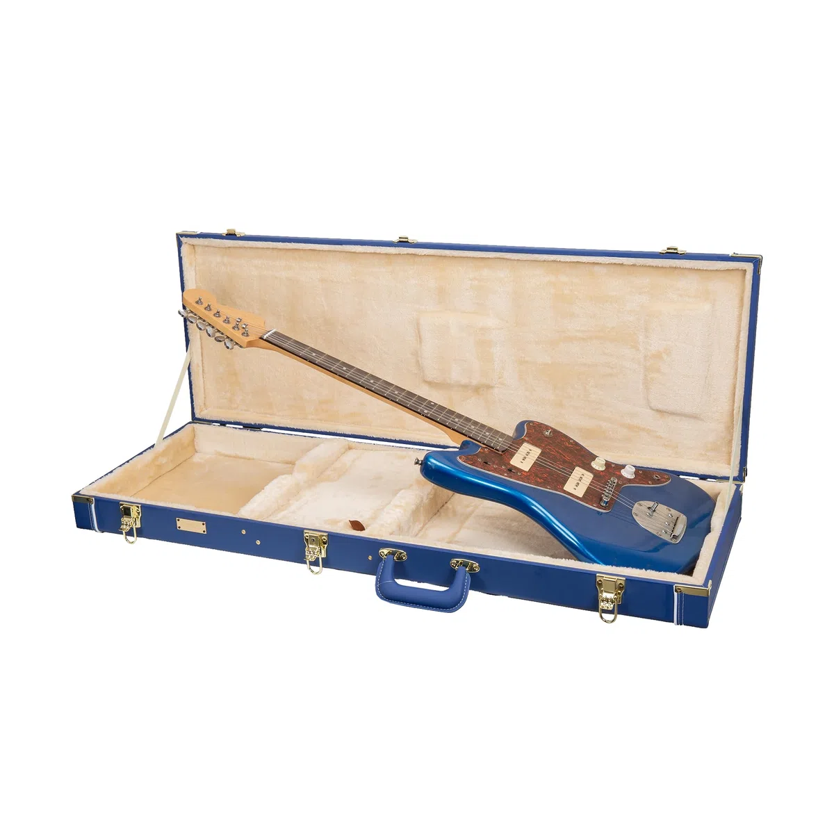 Crossrock Designer Series - Funda de Madera para Guitarras eléctricas Estilo Jazzmaster/Jaguar, Cerradura de Seguridad, Patas de Metal, Espacio de Almacenamiento, Azul Vibrante (CRW520JMVB), Azul