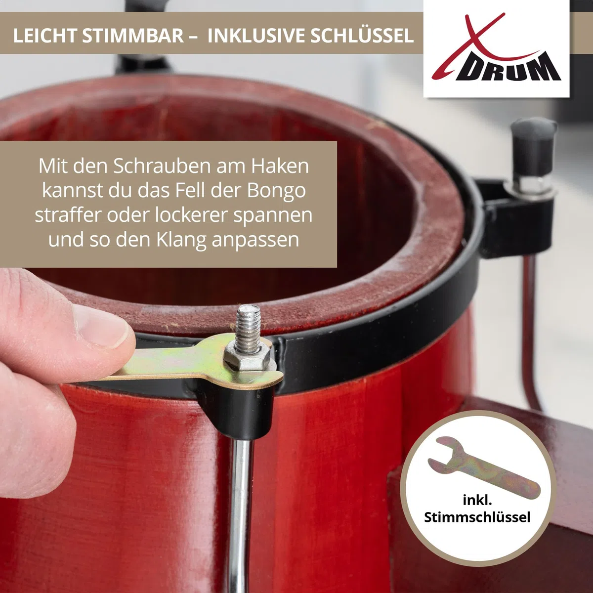 XDrum PERC Bongos Club Rojo Vino - 2 Tambores de 6" y 7" - Bongos con parches naturales afinables y llave de afinación - Tambores de madera rojo vino